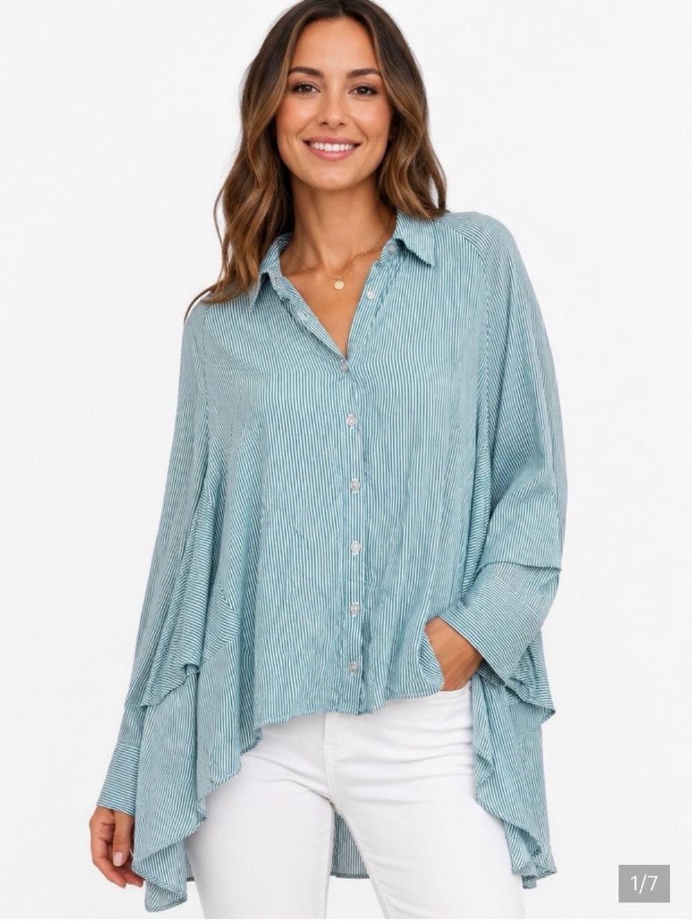 Free People Green & White Vertical Striped Ruffle High-Low Button Down Shirt